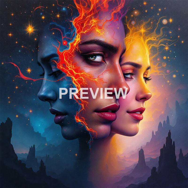 The image features two women's faces, one with dark skin and the other with light skin, intertwined with vibrant, lightning-like streaks of color and set against a cosmic, starry mountain landscape background.